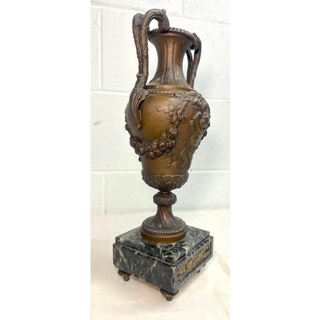 Metal Antique Ornate Bronze Patinated Marble Victorian Ewer Mantle Garniture Vase For Sale - Image 7 of 15