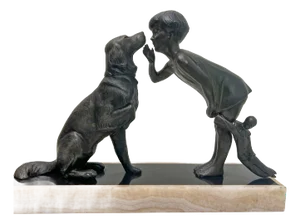 French Art Deco Style Sculpture of Girl with Dog in Spelter and Marble, 1940s