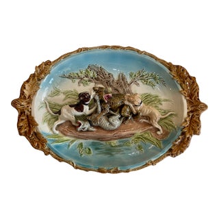 Rare 19th Century French Sarreguemines Majolica "The Hunt of the Wolves" Barbotine Platter, Rare Turquoise Color. For Sale