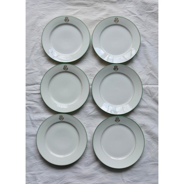 Antique Porcelain Dessert Plates with CB Monograms and Green and Gilt Borders from Limoges, 1960s, Set of 6 For Sale - Image 9 of 9