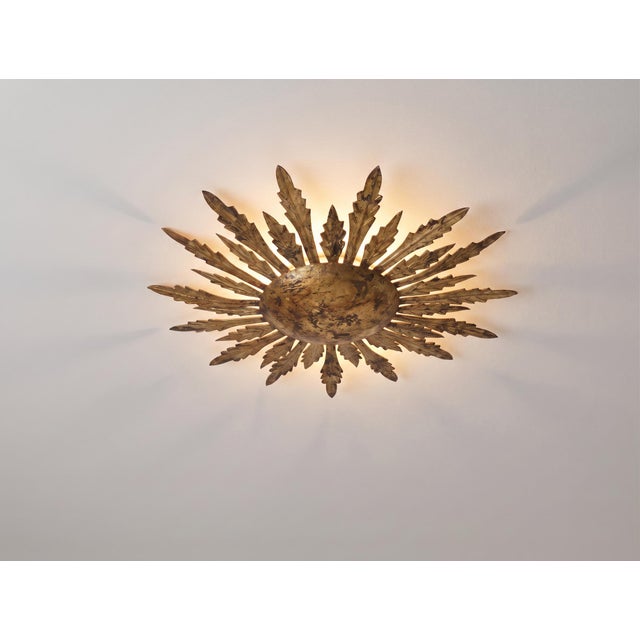 Mid-Century Modern Mid-Century Gilt Metal Sunburst Flush Mount with Leaf Rays, 1950s For Sale - Image 3 of 10