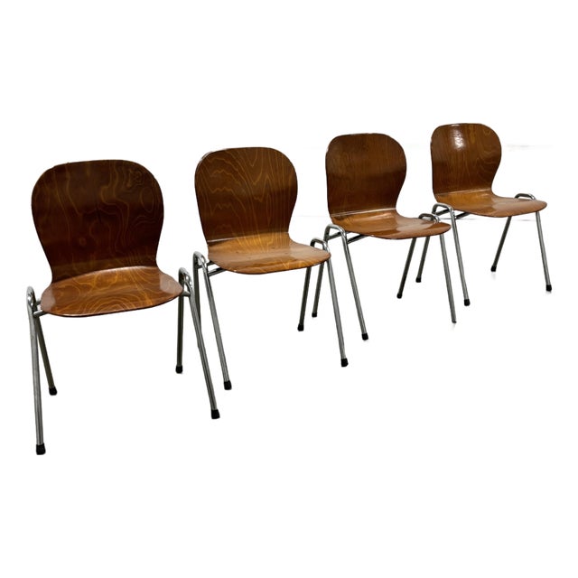 Vintage Bentwood Stacking Chairs – Danish Modern Style, Chrome Frame (Set of 4) For Sale