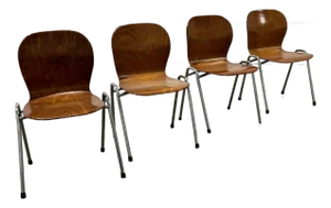 Vintage Bentwood Stacking Chairs – Danish Modern Style, Chrome Frame (Set of 4)