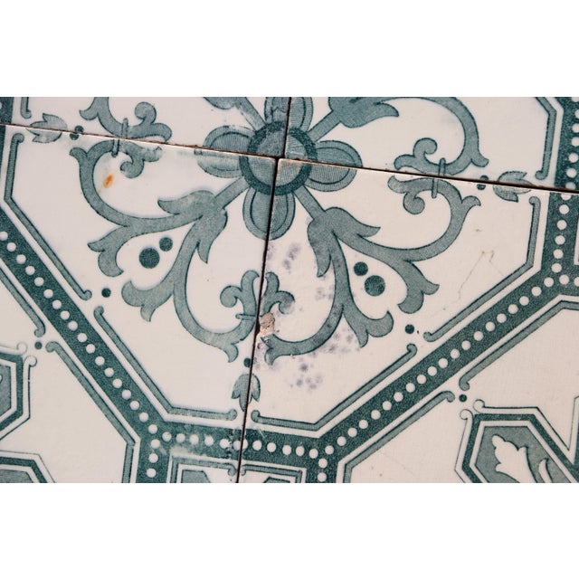 1920s Art Deco Tiles Set of 8 Large Portuguese Sage Green & White Floral Geometric Design c.1920s For Sale - Image 5 of 16