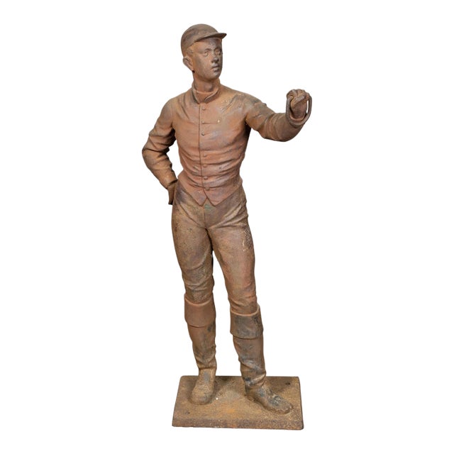 English Turn of the Century Iron Sculpture of a Jockey with Weathered Patina For Sale