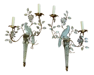 1930 French Gilt Metal 2 Lights Sconces With Crystal Birds - Pair