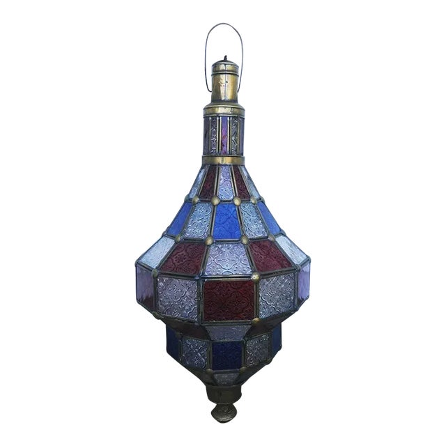 Large Mid-Century 60s-70s Hanging Lantern in Red, Clear, Blue For Sale