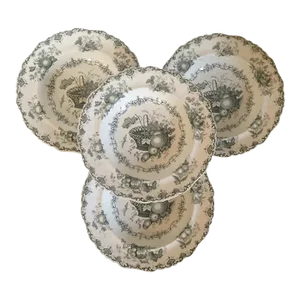 Antique 19th Century English Staffordshire Rimmed Soup Bowls in Green Fruit Basket Pattern - Set of 4