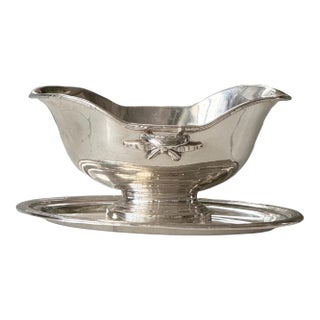 Vintage Christofle Silver Plated Gravy Sauce Boat With Handle and Under Plate France 8"x5" For Sale