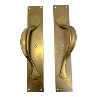 Pair of Antique Heavy Thick Brass Art Nouveau Fixed Door Handles Hardware Pulls For Sale