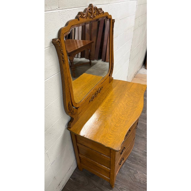 Victorian Antique Victorian Tiger Oak Serpentine Dresser With Beveled Mirror For Sale - Image 3 of 17