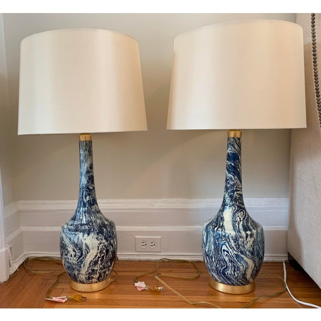 Blue Blue and White Table Lamps With Shades - a Pair For Sale - Image 8 of 8