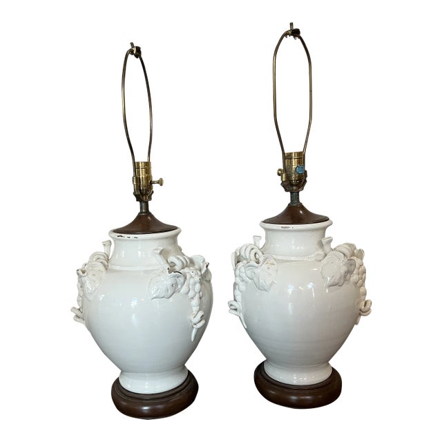 Pair Vintage French Ceramic Cream Glazed Vine Grape Theme Lamps For Sale