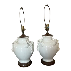 Pair Vintage French Ceramic Cream Glazed Vine Grape Theme Lamps