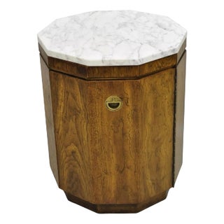 Drexel Accolade Campaign Style Walnut Marble Top Octagonal Side Table Cabinet For Sale