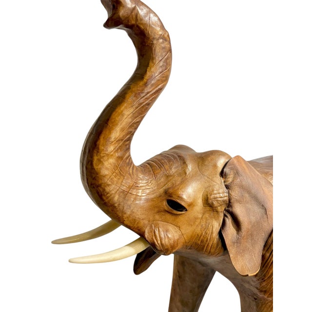Mid 20th Century Vintage Moroccan Leather Elephant Sculpture, Handcrafted With Glass Eyes, 26.5” Tall For Sale - Image 5 of 18