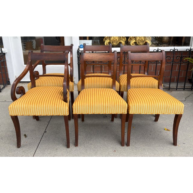 Set of 6 Antique Early 19th C Regency Mahogany Dining Chairs. Measurements listed are for the two armchairs. The four side...