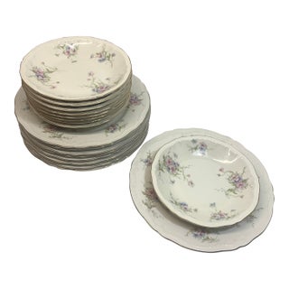 1950s Theodore Haviland Limoges French Pink and Blue Flowers “Annette” Bowls and Plates - Service for 9 - 18 pcs For Sale
