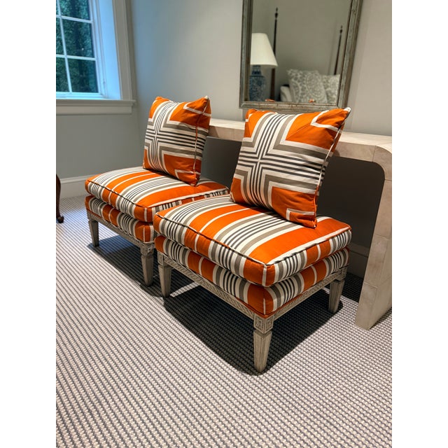 Pair of Hickory Chair Orange and Gray Striped Ottomans For Sale In Washington DC - Image 6 of 10