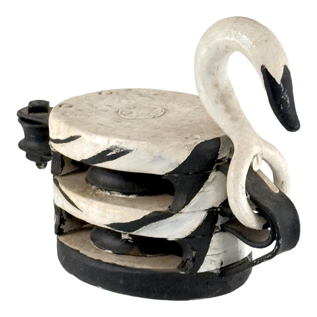 Vintage 1950s Folk Art Swan Painted Black & White Industrial Starline Wood Pulley For Sale