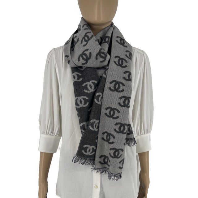 Early 21st Century Chanel Grey Printed 65% Cashmere 35% Silk Scarf For Sale - Image 5 of 9