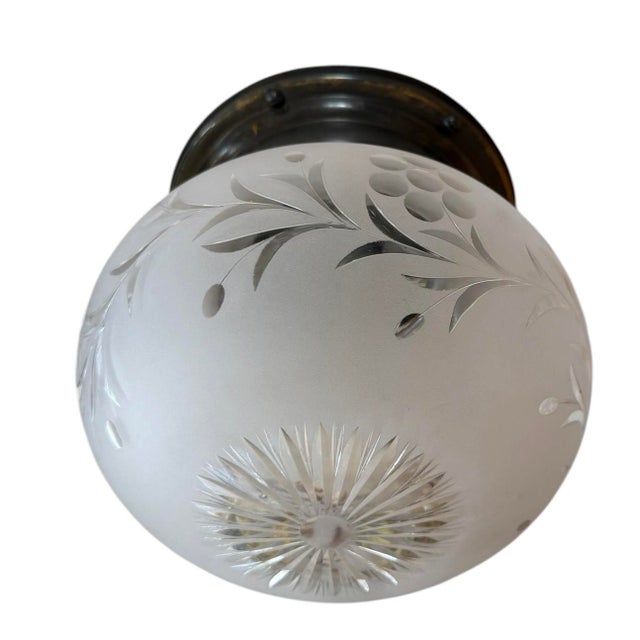 Circa 1920’s Rare Pair of Wheelcut Flowers and Vines Glass Ceiling Lights For Sale - Image 4 of 9