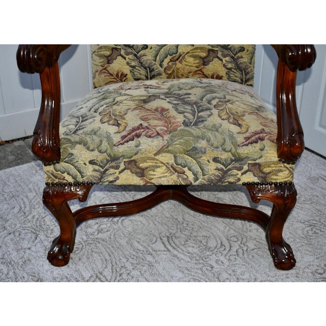 1950s Renaissance Revival Armchair High Back Carved Floral Tapestry For Sale - Image 11 of 13