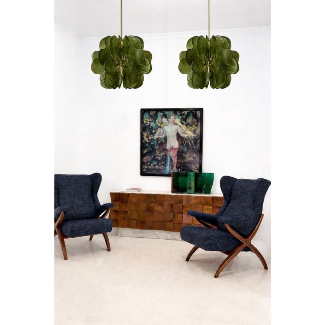 Chartreuse Mid-Century Modern Brass Pendant Lamp with Green Murano Glass Slabs, Italy For Sale - Image 8 of 9