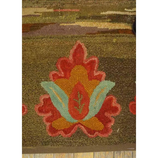 Textile Pretty Sienna-Brown Background With Detail of Folk Art Styles in a Strie Pattern Antique American Hooked Rug For Sale - Image 7 of 10