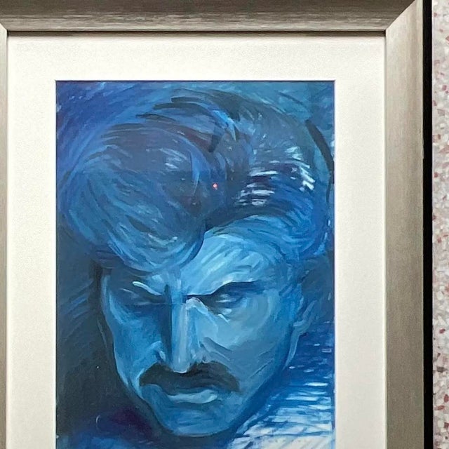 Vintage Signed Blue Expressionist Male Portrait Oil Painting For Sale - Image 11 of 15