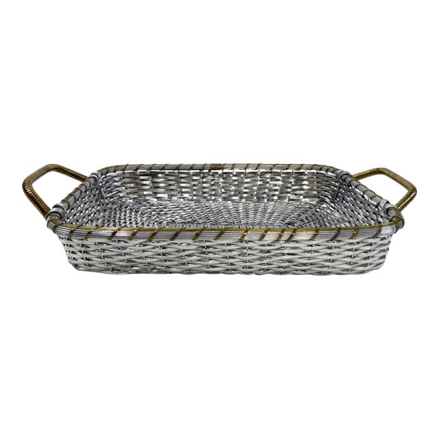 Vintage French Style Silverplate Woven Basket Tray For Sale