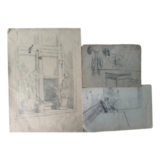 Heinrich Pforr, Father Pforr Kitchen Interior, Pencil on Paper For Sale