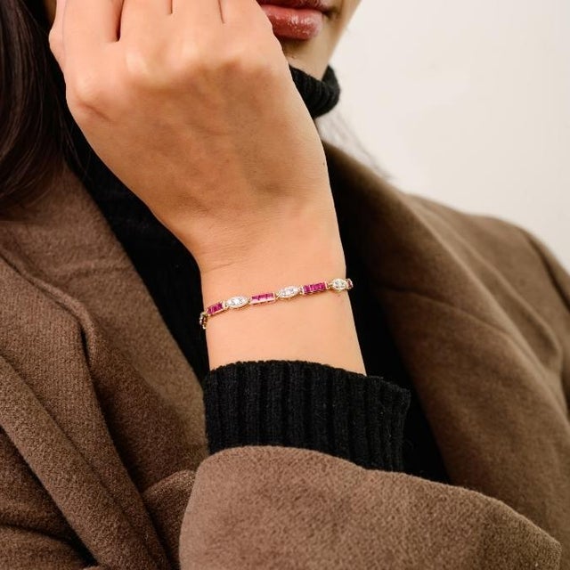 3.76 Ct Channel Set Ruby Vintage Wedding Bracelet in 14k Gold With Diamonds For Sale - Image 4 of 14