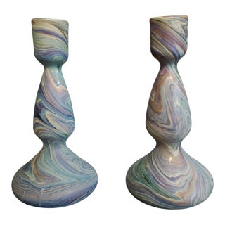 Blue Swirl Glass Candlestick Holder (Set) For Sale