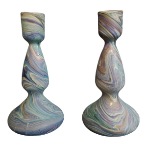 Blue Swirl Glass Candlestick Holder (Set)