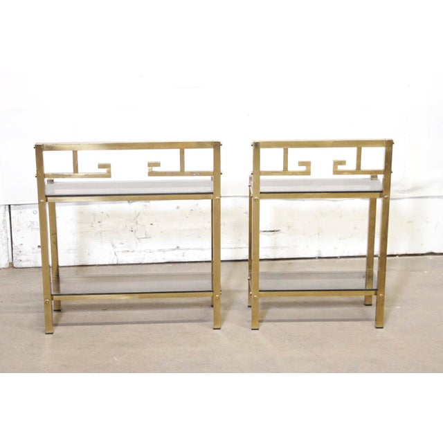 Mid 20th Century Pair of Brass & Smoked Glass Art Deco Sofa End Tables For Sale - Image 11 of 11