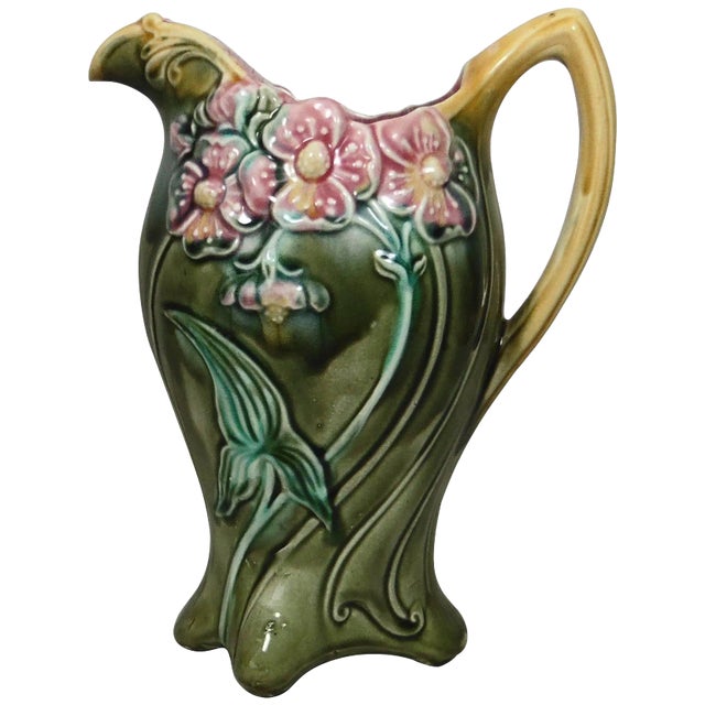 Early 1900s Majolica Pink Flowers Pitcher Onnaing For Sale