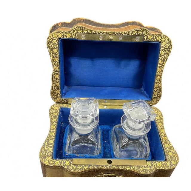 Antique 19th century traveling scent/perfume bottle, in leather bound ornate case, blue velvet " antique 19th century...