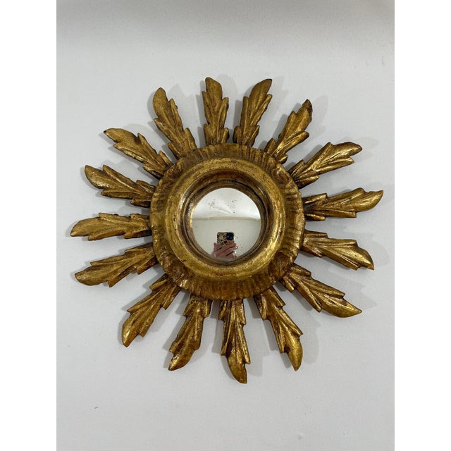 1940s French Petite 9.5" Giltwood Sunburst Convex Wall Mirror For Sale - Image 4 of 15