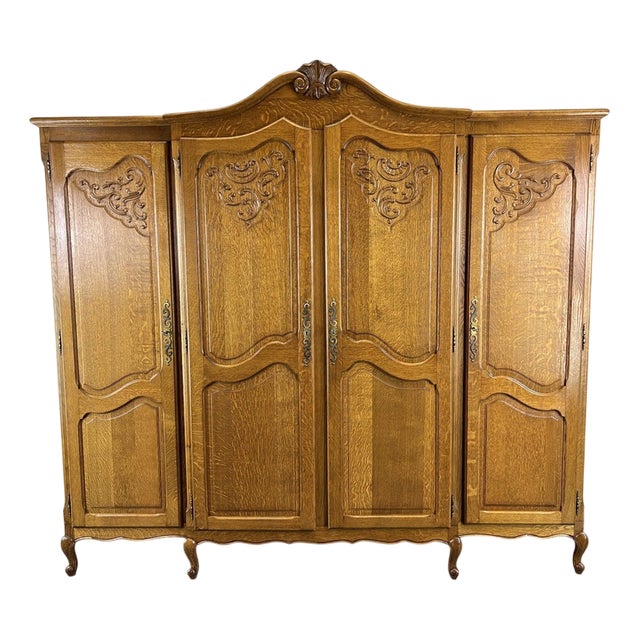 Vintage French Louis XVI Style Carved Oak 4-Door Wardrobe For Sale