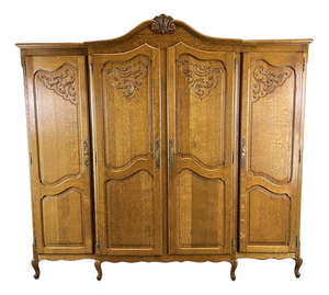 Vintage French Louis XVI Style Carved Oak 4-Door Wardrobe