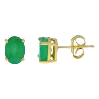 3 Carat Oval Natural Emerald Stud Post Earrings 14 Karat Yellow Gold For Sale