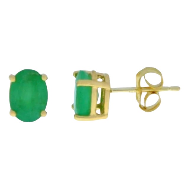 3 Carat Oval Natural Emerald Stud Post Earrings 14 Karat Yellow Gold For Sale