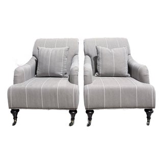 Late 20th Century Pair of Bassett Neutral Pinstripe Linen Nailhead Accent Chairs With Casters For Sale