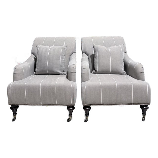 Late 20th Century Pair of Bassett Neutral Pinstripe Linen Nailhead Accent Chairs With Casters For Sale