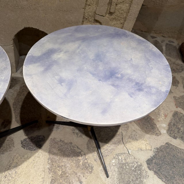 Mid Century Modern Tripod Side Tables Goatskin French Inspired Blue For Sale - Image 4 of 13