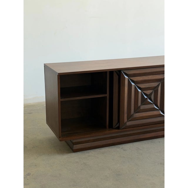 1960s Brutalist Walnut Credenza With Carved Diamond Design For Sale - Image 16 of 18