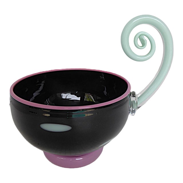 Delicate Memphis Era Pinkwater Glass Studio Blown Glass Bowl With Handle - New York 1988. For Sale