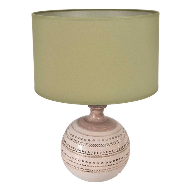 French Beige Ceramic Table Lamp with Geometric Relief Design in the style of Jean Besnard, 1970s For Sale
