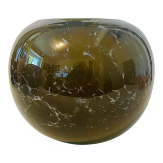 Vintage Mid Century Hand Blown Glass Globe Vase Smoked Charcoal Olive Green Orb For Sale